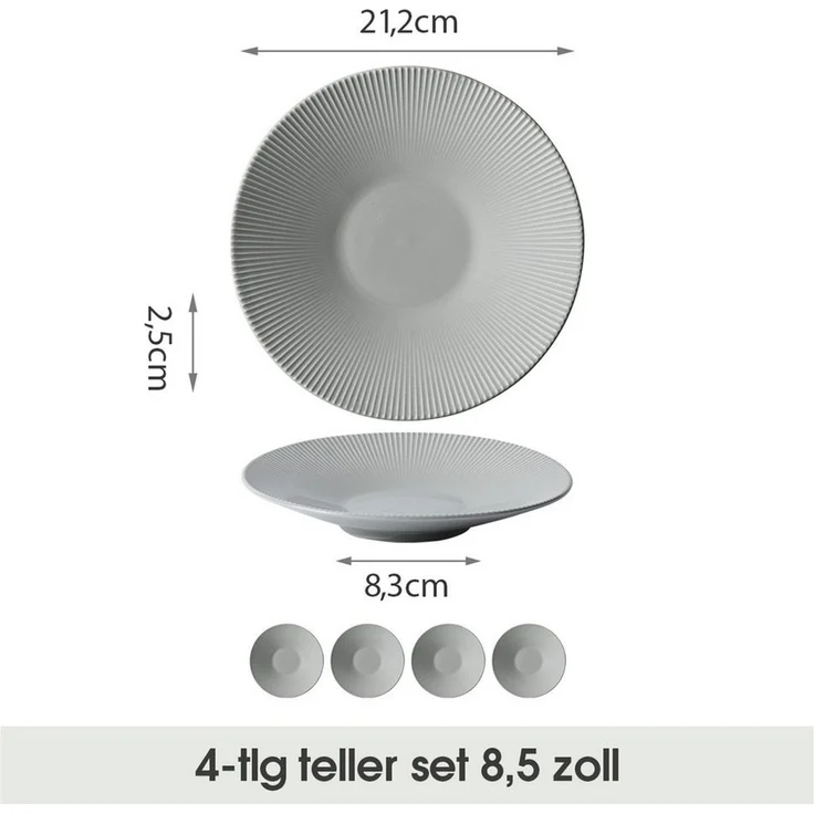 JIWOO Teller 4er Ø21,2cm, Pastateller Speiseteller Salatteller Dessertteller, (4 St), Keramik Plate Hochwertige Tellerset Grau Mikrowellen spülmaschinenfest – Bild 2