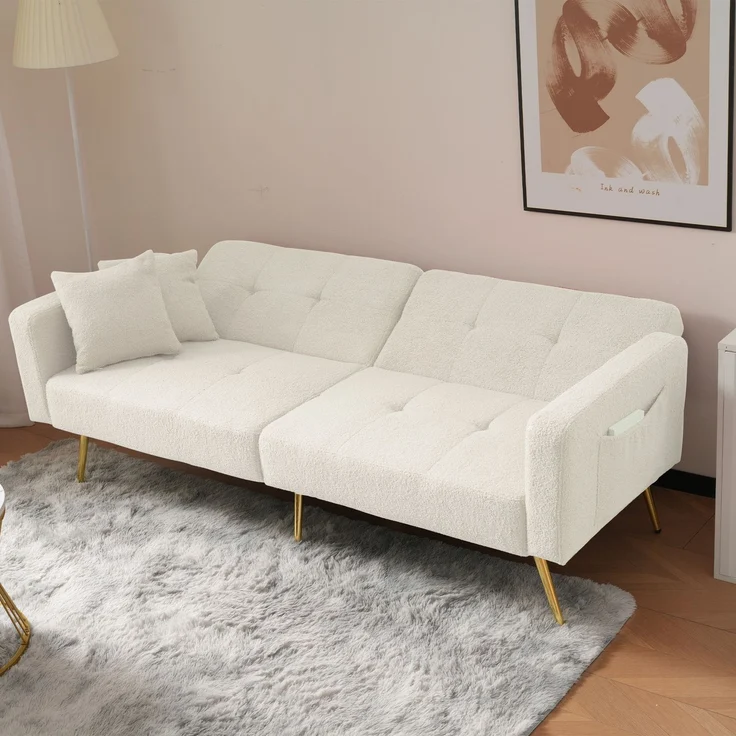 ZUBALIYA Schlafsofa 64x72 cm, mit Stauraum, mit Samtbezug, mit Schaumstoffpolsterung, aus Stoff: Sherpa, Weiß – Bild 5
