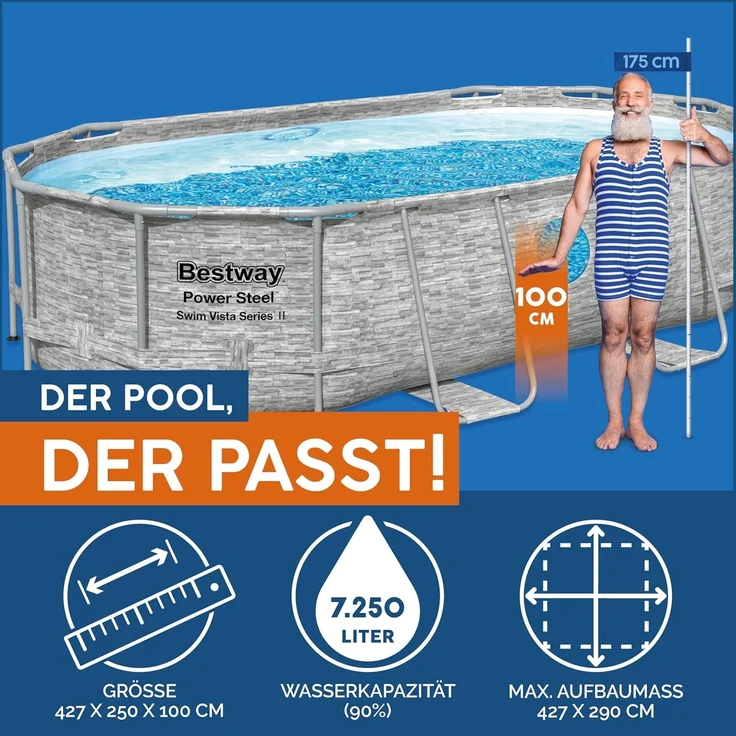 Bestway Power Steel Swim Vista Series Frame Pool Komplett-Set mit Filterpumpe 427 x 250 x 100 cm, Steinwand-Optik (Cremegrau), oval – Bild 3