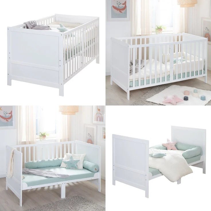 roba Babybett EASY SLEEP 70 x 140 cm inkl. Umbauecken + Matratze safe asleep® Roll Air - Mitwachsendes Gitterbett 3-fach höhenverstellbar - 3 Schlupfsprossen - Holz weiß lackiert – Bild 9