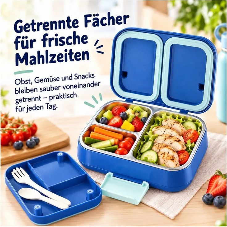 Fyrove Lunchbox Brotdose Kinder, Brotdose Schule, Snackbox Kinder, Brotdose mit Fächern, (1-tlg, 1 x Brotdose mit Deckel und Löffel), Kinder-Brotdose mit 3 Fächern, BPA-frei, wiederverwendbar