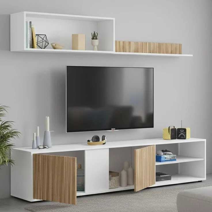 Dmora - Wohnzimmermöbel Titusville, TV-Ständer, Wohnzimmermöbel, Zusammensetzung des Wohnzimmersets, Wohnzimmerset mit Schrankwand, 180 x 33 x 40 cm, Weiß und Eiche – Bild 1