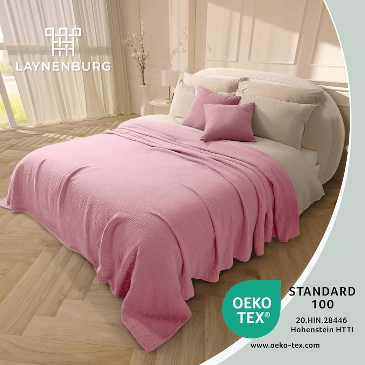 LAYNENBURG Premium Musselin Tagesdecke 220x240 cm XXL - 100% Baumwolle - extraweiche Baumwolldecke als Kuscheldecke, Bett-Überwurf, Sofa-Überwurf, Couch-Überwurf - warme Sofa-Decke (Altrosa) – Bild 2