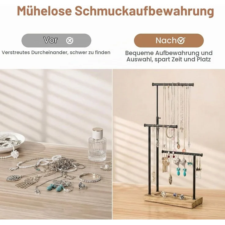LEMLIT Schmuckständer Schmuckständer Holz Schmuckhalter Kettenhalter 3 Stäbe Drehbar (1er Set, 1 St, Ausziehbarer Halskettenhalter aus Metall mit Holzsockel), für Ohrringe, Armbänder, Ringe, Raumdekoration – Bild 4