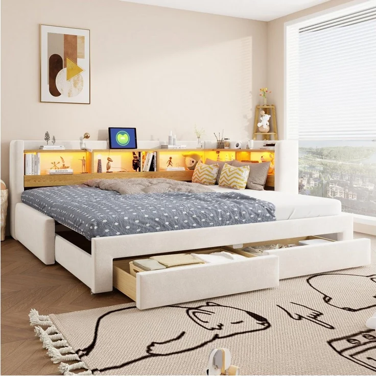 i@home Daybett 90x200 cm Tagesbett, Ausziehbett zum 180x200 cm Doppelbett, Beige, mit ausziehbarem Bett, 3-in-1 Tagesbett mit Schubladen,LED, Steckdose – Bild 1