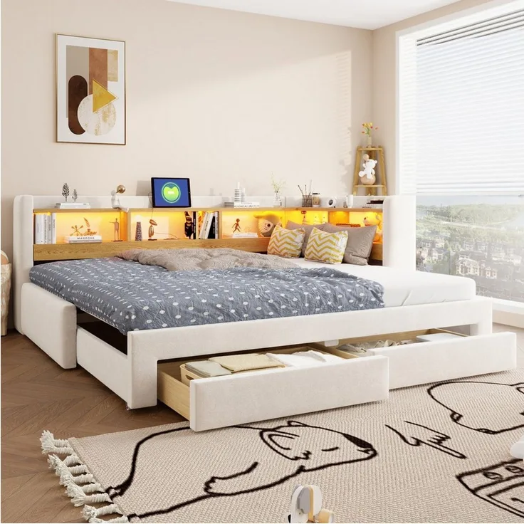 i@home Daybett 90x200 cm Tagesbett, Ausziehbett zum 180x200 cm Doppelbett, Beige, mit ausziehbarem Bett, 3-in-1 Tagesbett mit Schubladen,LED, Steckdose