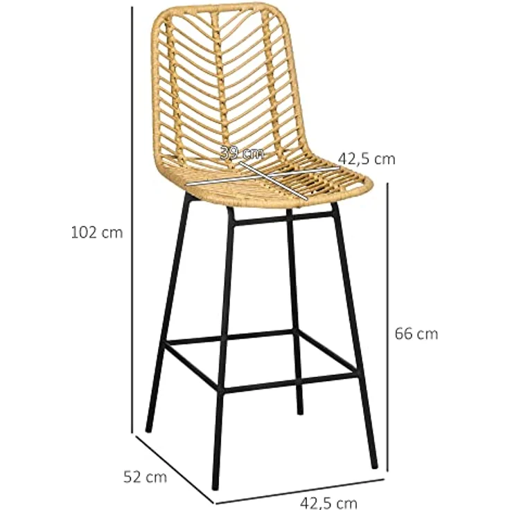 HOMCOM Barhocker Rattan Barhocker Satz (Barhocker, 2 St, Esszimmerstühle), Gelb+Schwarz 52 x 42,4 x 102 cm – Bild 8