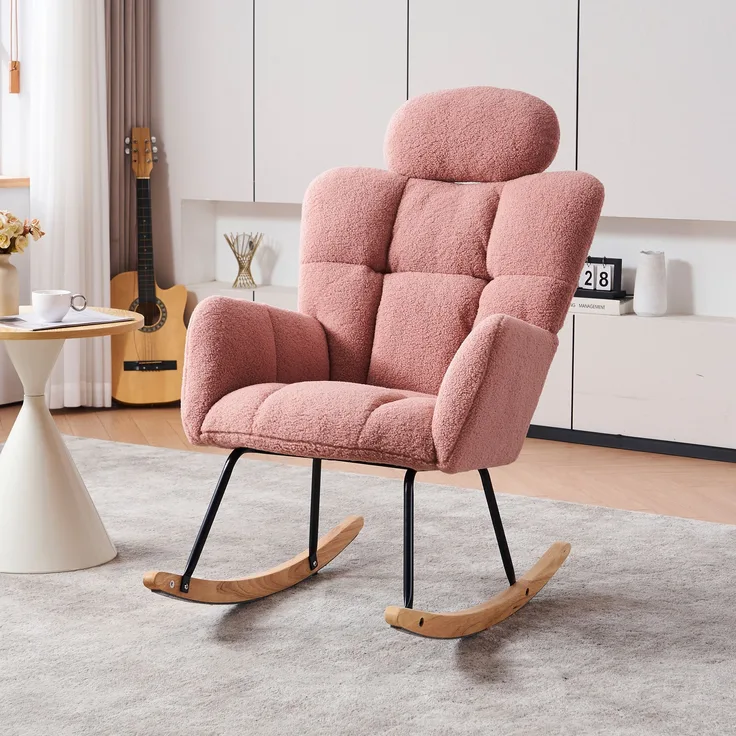 Ergonomischer Schaukelstuhl aus Teddy-Stoff, mit Kopfstütze & Filzschutz, 110 kg Tragkraft,Rosa