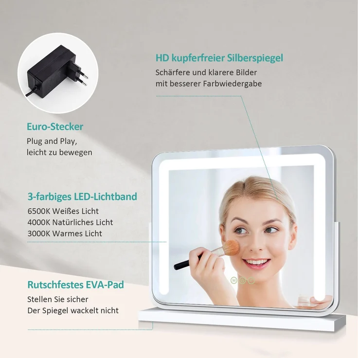 EMKE Schminkspiegel mit Beleuchtung LED Kosmetikspiegel Drehbar Make Up Spiegel mit Touchschalter, 3 Lichtfarben Dimmbar und Memory-Funktion, Weiß, 60x51,6cm – Bild 3