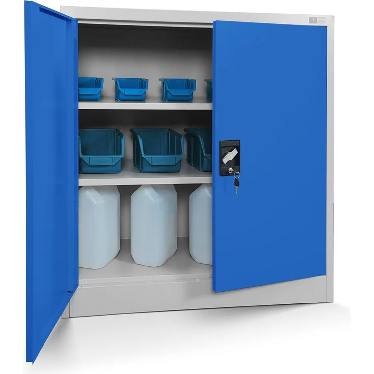 Jan Nowak Kleiner Aktenschrank C001B Büroschrank mit Flügeltüren Metallschrank Lagerschrank Pulverbeschichtet Stahlblech Abschließbar 92,5 x 90 x 40 cm (H x B x T) (grau/blau)
