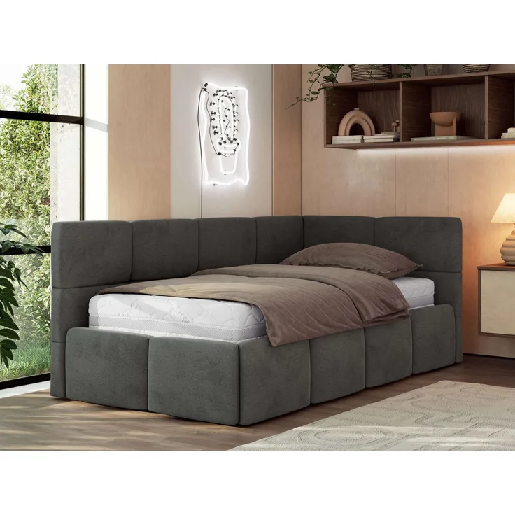 Jugendbett 90x200 ARVO Polsterbett mit Bettkasten, Stauraum & Gasdruckfeder, Modernes Design mit Kopfteil, Pocket Matratze - Dunkelgrau Velvet - VIRE LUX - Rechts Seite