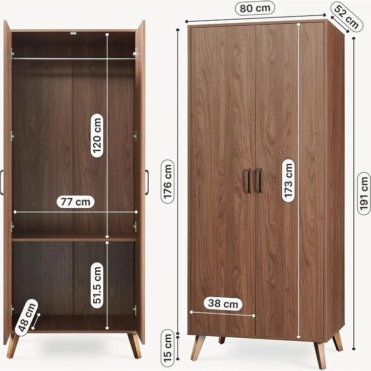 Kleiderschrank Norg 191x80x52 cm 2 Türen 1 Fach Walnussoptik [en. casa] – Bild 2