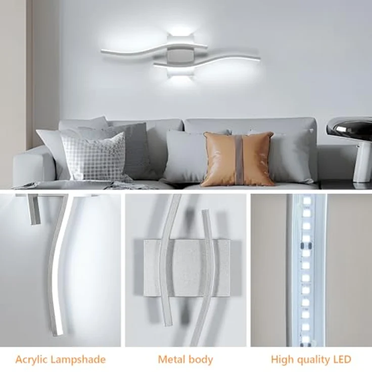 Goeco LED Wandleuchte Innen, 20W 59CM LED Wandlampe Silbern 2 Fimmig 6500K kaltweißes Licht, Modern Lange Lampen Wandleuchtung aus Acryl für Flur Treppenhaus Wohnzimmer Schlafzimmer Flur – Bild 6