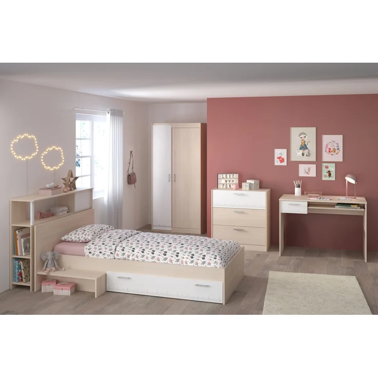 Jugendzimmer Charly von Parisot Kinderzimmer Komplett Set in Akazie und Weiß mit Hochbett oder Jugendbett – Verschiedene Set Varianten - 5 teilig , Kleiderschrank 2trg + Jugendbett + Anstellregal + Schreibtisch + Schubkastenkommde , 90 x 200 cm