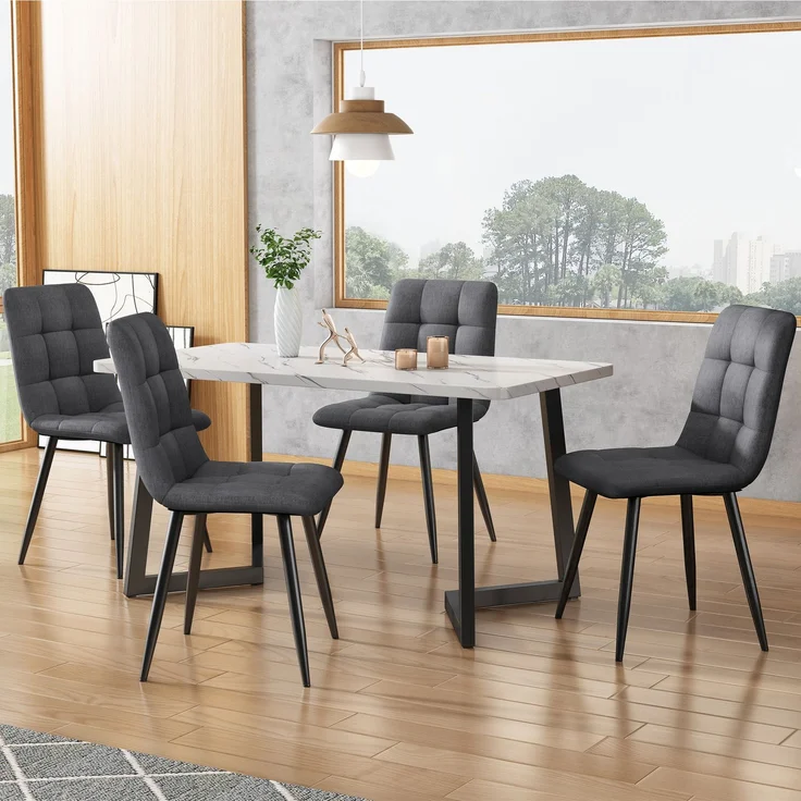 Merax Essgruppe, (Set, 5-tlg, Tisch mit 4 Stühlen), Esstisch und 4 Esszimmerstuhl Set Polsterstühle Küchetisch Marmoroptik, Leinen, Grau – Bild 2