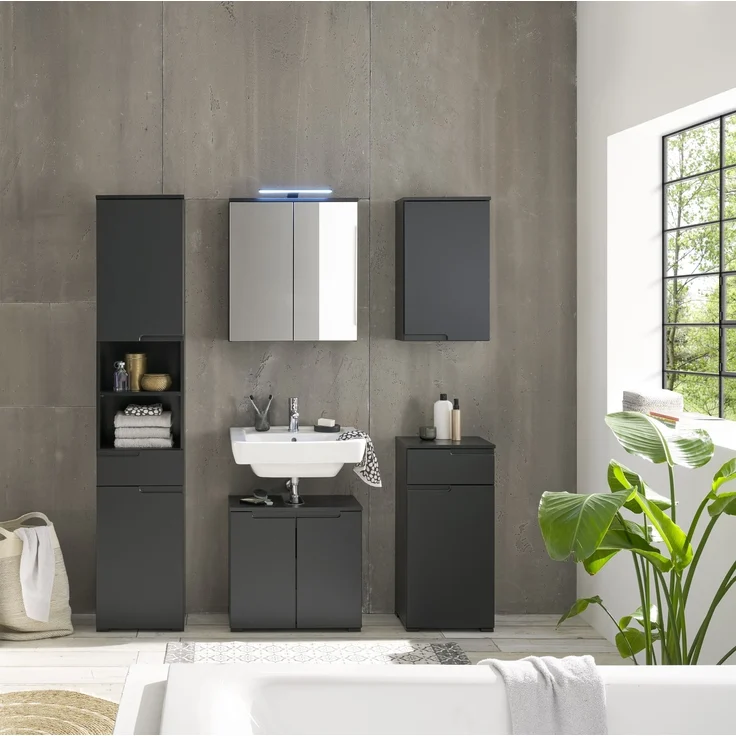 Badezimmer-Set "Spice" schwarz matt (5tlg.) mit Hochschrank, Waschbeckenunterschrank, Spiegelschrank, Kommode und Hängeschrank - 170 x 191 x 32 cm (B/H/T) – Bild 2