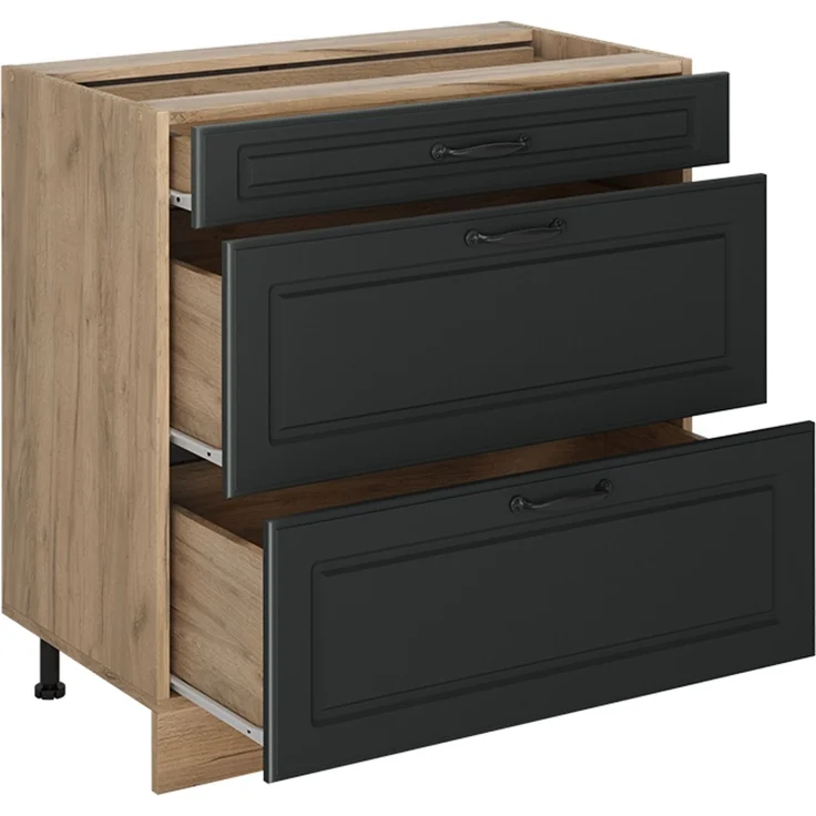 Küchenunterschrank R-Line Anthrazit Landhaus/Goldkraft Eiche 80 cm mit 3 Schubladen Arbeitsplatte Anthrazit Vicco – Bild 3