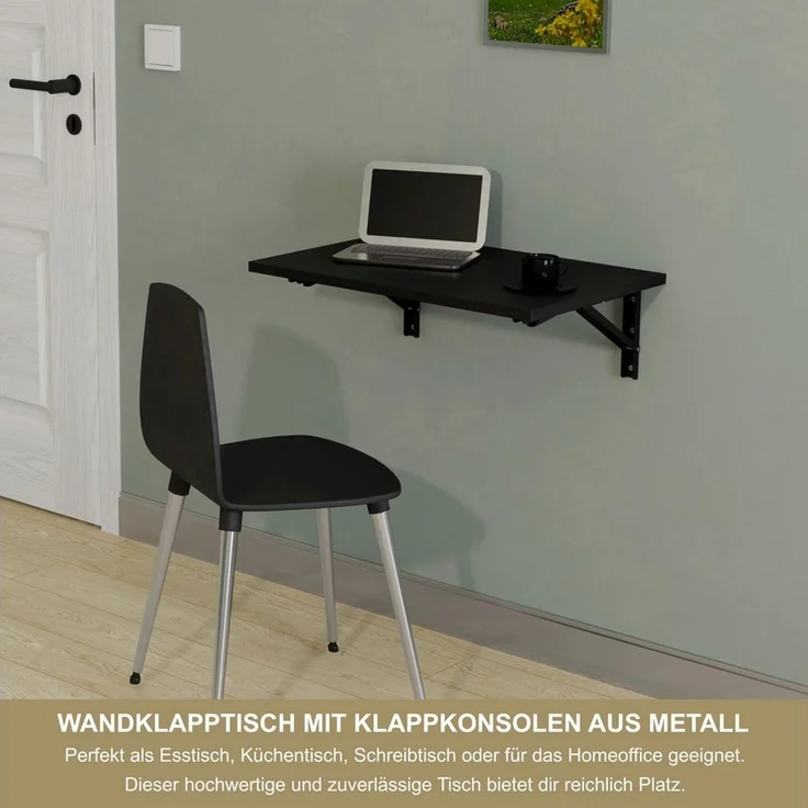 KDR Produktgestaltung Klapptisch 60x40 Wandklapptisch Esstisch Küchentisch Schreibtisch Wand Tisch, Schwarz – Bild 2