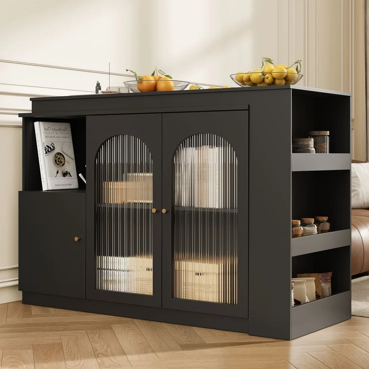 ZUBALIYA Drehbarer Bartisch 120 x 40 cm, mit Stauraum, mit Glastüren, MDF, Schwarz – Bild 3