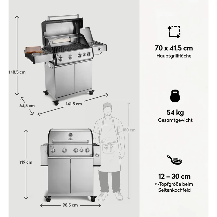 BURNHARD® Gasgrill 4-Brenner, 21,2 kW Gesamtleistung, Infrarot-Keramikbrenner, Seitenkochfeld, Edelstahl-Stabbrenner, Gussrost, große Grillfläche, Piezo-Zündung – Big FRED Deluxe - Silber - #947138 – Bild 4