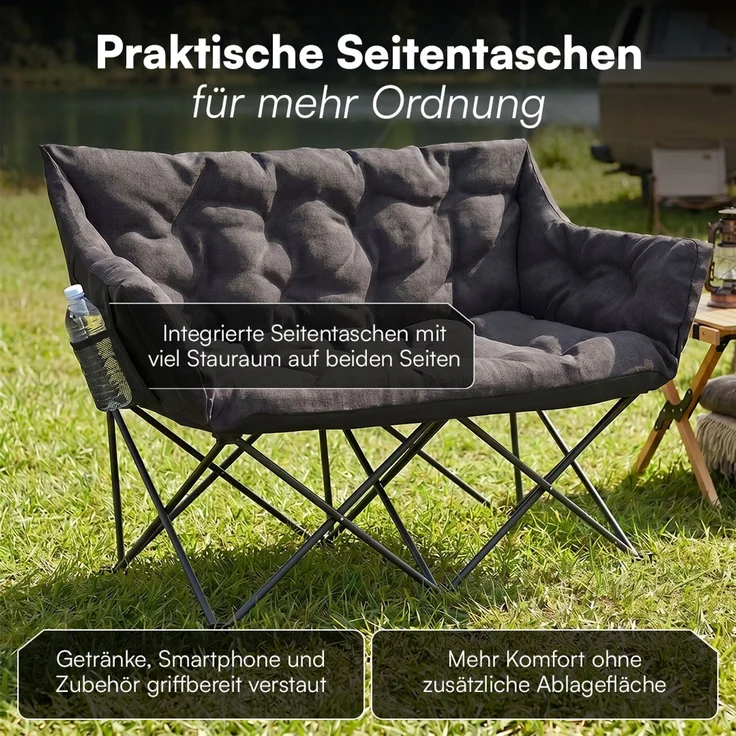 STEELSØN 'Hoggar' Campingbank für 2 Personen, schwarz, XXL Klappstuhl, bis 320 kg, gepolsterte Campingbank mit 2 Seitentaschen – Bild 4