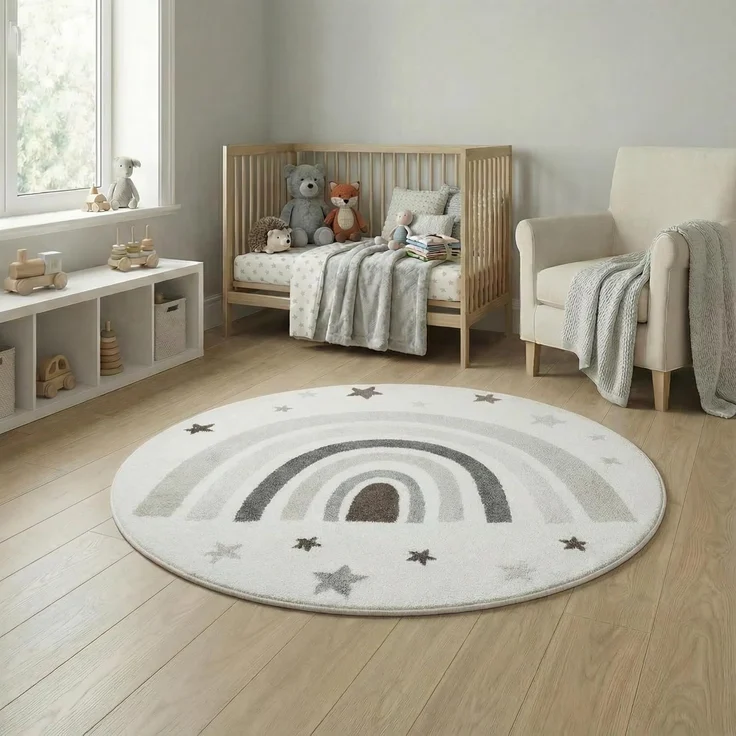 Jimri Kinderteppich DOTS l Pünktchen Gepunktet | Farbe: Beige Blau Rosa | Kinderzimmer/Jugendzimmer (Creme, Ø 150 cm Rund) – Bild 1