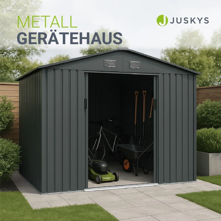 Juskys Metall Geräteschuppen XL – Dunkelgrau, wetterfest mit Fundamentrahmen, Schiebetür & abschließbar - für Garten & Aufbewahrung – Bild 2