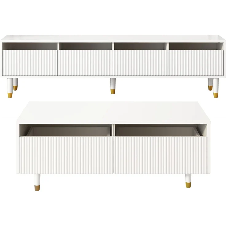 DESVIAE Fernsehschrank- und Couchtisch-Set mit LED-Beleuchtung 35x45x178 cm und 50x40x110 cm MDF Weiß – Bild 8