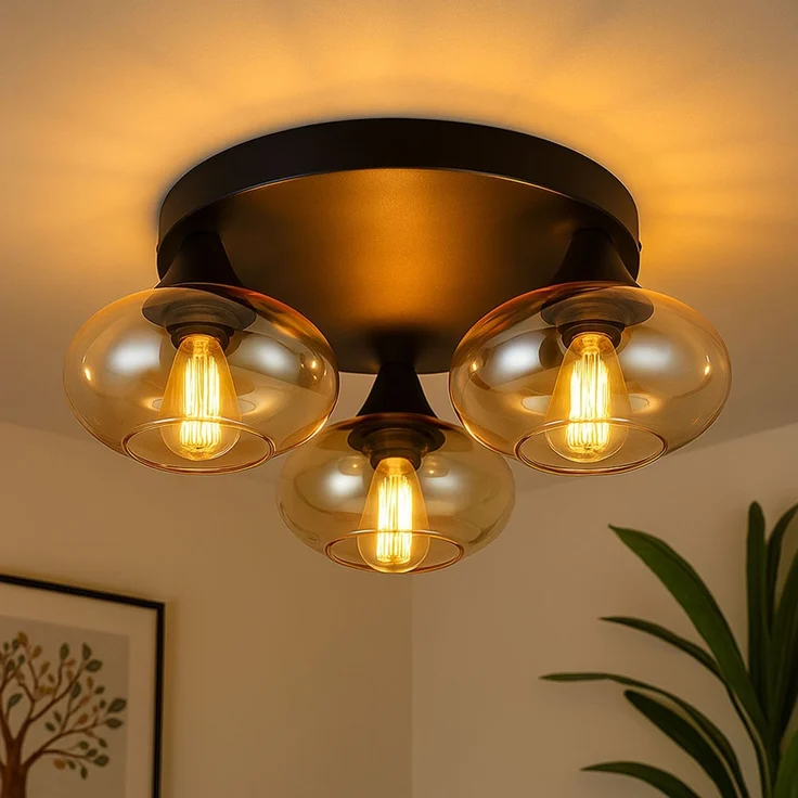 LED Deckenleuchte, Metall schwarz, Glas amberfarben, D 39 cm – Bild 2