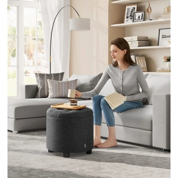 SONGMICS Sitzhocker rund, Fußhocker mit Stauraum, Schminkhocker mit Beinen, 45 cm d, 44,5 cm H, bis 150 kg belastbar, für Wohnzimmer Schlafzimmer, dunkelgrau LOMDE011G01V1 – Bild 2