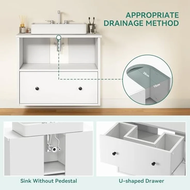 YITAHOME Waschbeckenunterschrank mit schubladen, Badezimmerschrank, 2 große Schubladen, 60 x 30 x 50 cm, badunterschrank wandmontage Weiss – Bild 4