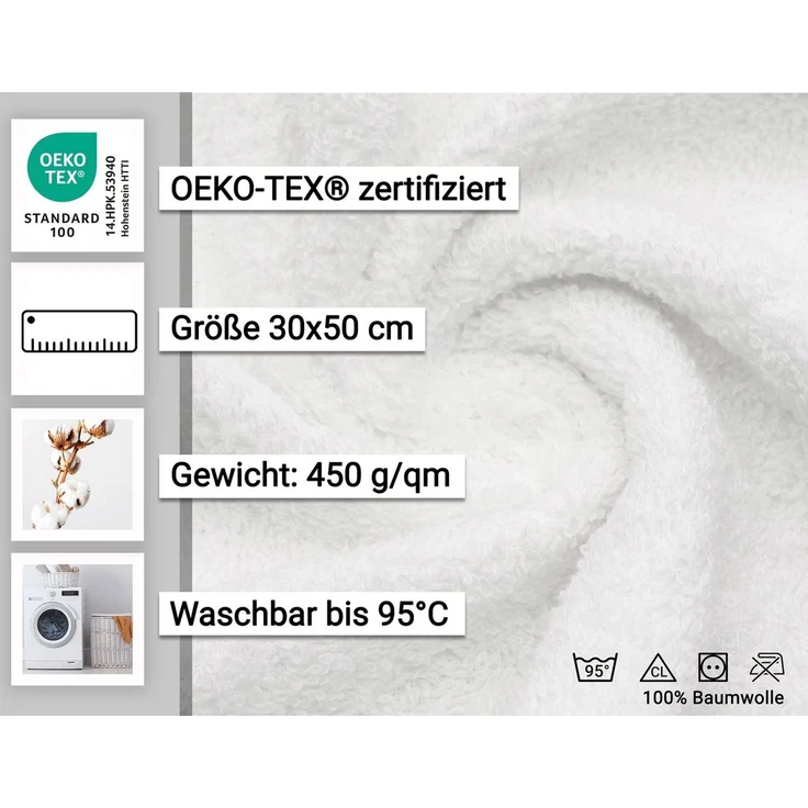 ZOLLNER 10er Set Gästetücher 100% Baumwolle, 30x50 cm, Weiß – Bild 4