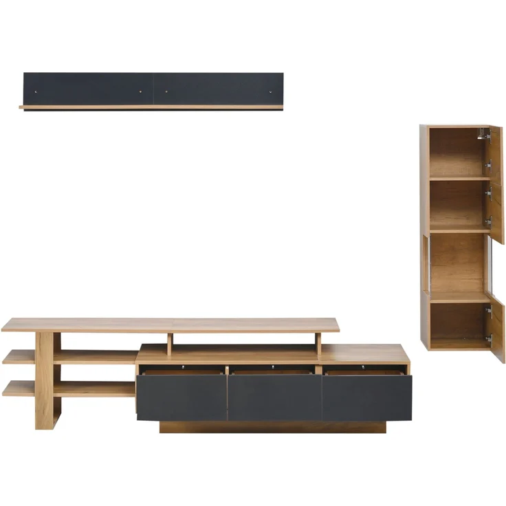 DESVIAE TV-Schrank-Set 3-tlg. mit LED-Beleuchtung und 3 Schubladen 180x40x45 cm MDF Naturholz/Schwarz – Bild 8