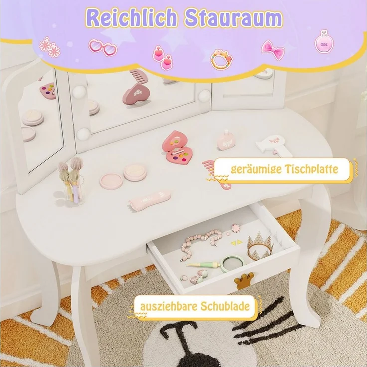 COSTWAY Schminktisch Kinderschminktisch mit Hocker, mit LED Beleuchtung – Bild 2