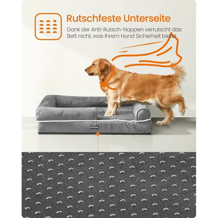 Feandrea Orthopädisches Hundebett, Hundekissen, Hundekorb, weiche Polsterung, Hundesofa, erhöhte Ränder, Bezug abnehmbar und waschbar, 106 x 80 x 20 cm, rutschfeste Unterseite, hellgrau PGW077G02 – Bild 8