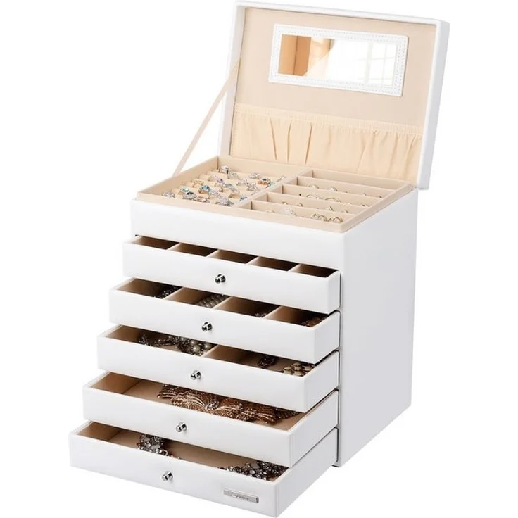 Yorbay Schmuckkasten Schmuckkästchen mit 6 Ebenen, 5 Schubladen (Mit Spiegel), zwei Farben, für Halsketten, Ringe, Armbänder, Ohrringe – Bild 4