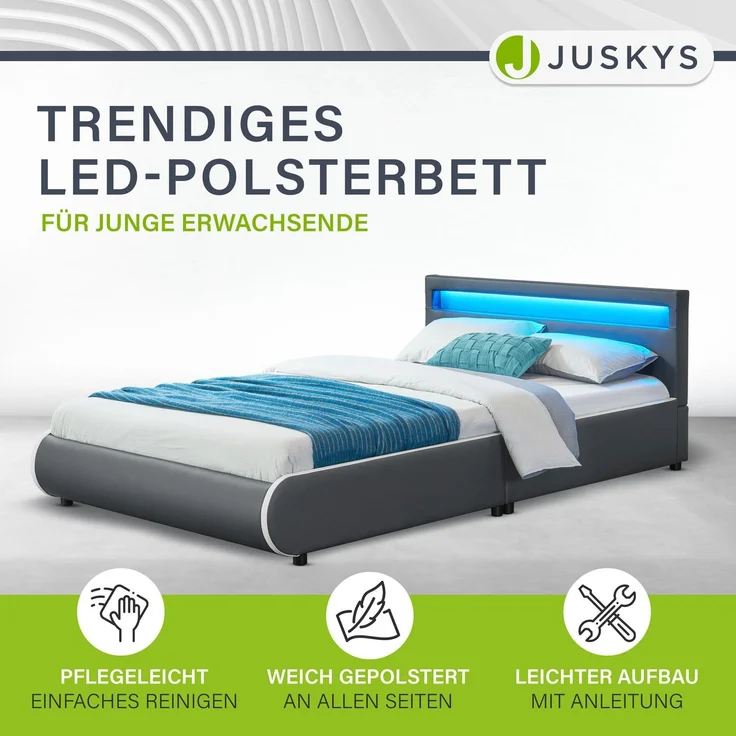 Juskys 'Sevilla' Polsterbett mit LED-Beleuchtung, Kunstleder, Grau, 140x200 cm, ohne Matratze – Bild 2