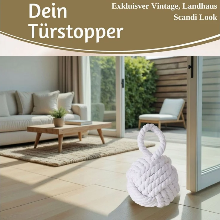 LS-LebenStil Bodentürstopper Boden Türstopper Malmö 23cm Weiß 1,3kg Jute Knoten Tragegriff Türpuffe (Handgearbeitet Bodenstopper Türpuffer Türhalter Türsack Türkeil Tür Stopper Sack Fensterstopper Boden Stopper Buchstütze, 1 St) – Bild 3