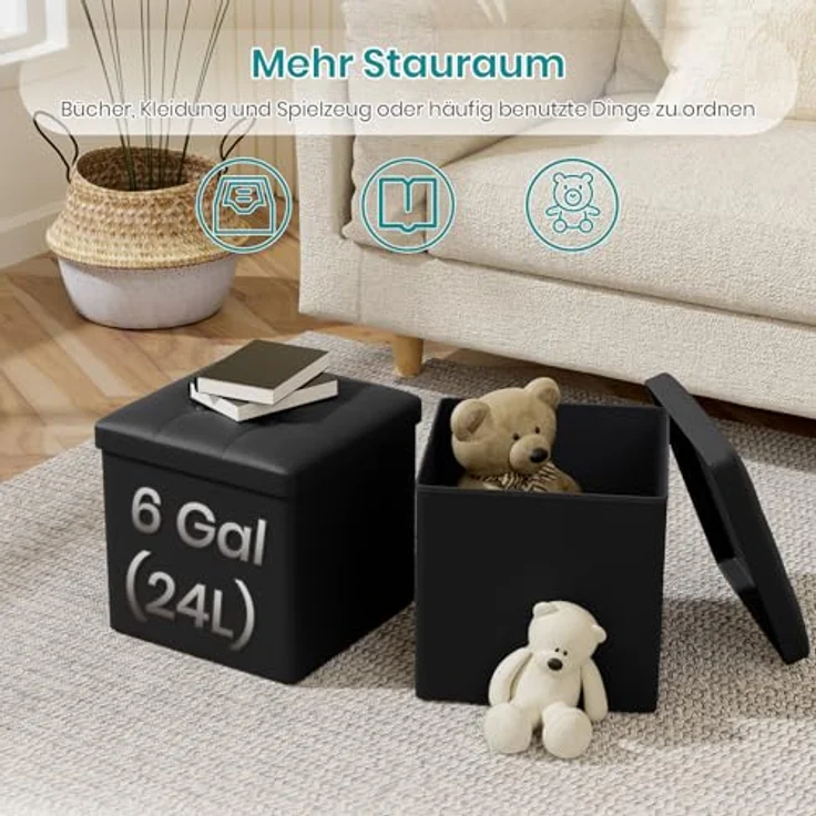 Oak & Tea PU Sitzhocker mit Stauraum, Hocker mit Stauraum, Sitzwürfel Klappbar, Aufbewahrungsbox Hocker, Kleine Sitzbank, Ottomane Sofa Fußhocker, für Wohnzimmer, Schlafzimmer, 30 x 30 x 30 cm, Schwarz – Bild 7