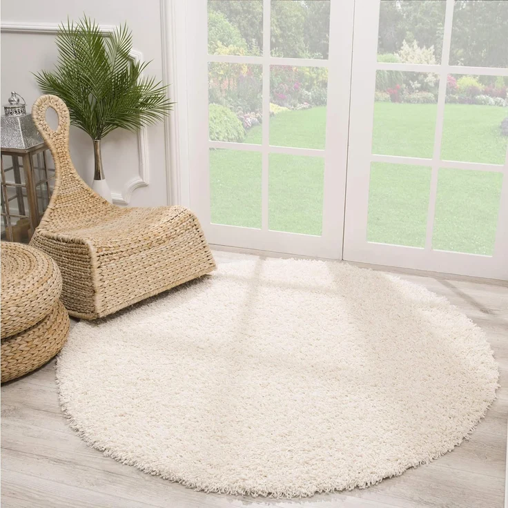 SANAT Teppich Rund - Creme Hochflor, Langflor Modern Teppiche fürs Wohnzimmer, Schlafzimmer, Esszimmer oder Kinderzimmer, Größe: 150x150 cm – Bild 2