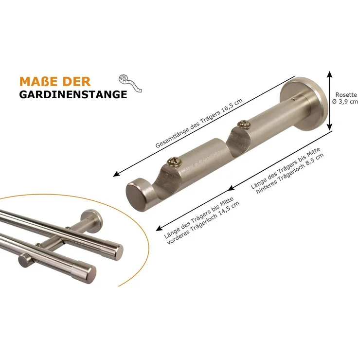 iso-design Gardinenstange 20 mm 2-läufig Farbe Edelstahl Endstück Kappe zur Wandmontage, Ø 20 mm, 2-läufig, Fixmaß, mit Bohren, verschraubt, Metall, Rohr aus Edelstahl – Bild 3