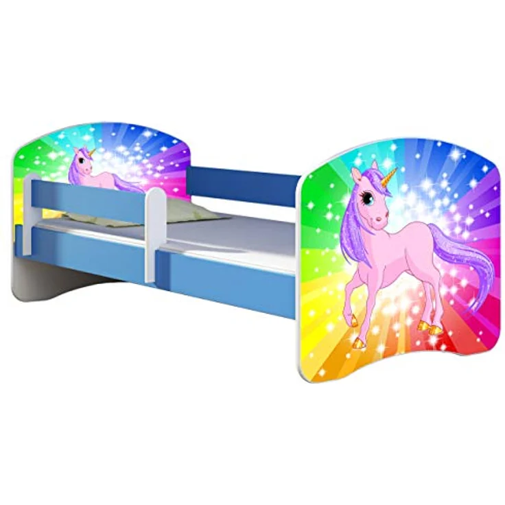 ACMA Kinderbett Jugendbett mit Einer Schublade und Matratze Blau mit Rausfallschutz Lattenrost II 140x70 160x80 180x80 (18 Pony Regenbogen, 160x80) – Bild 2