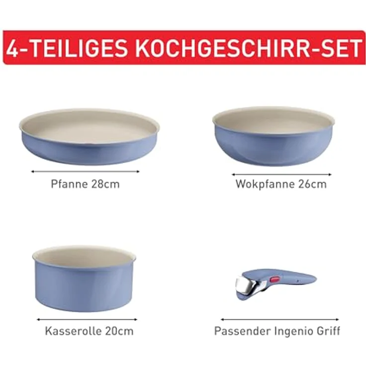 Tefal Ingenio Serenity Kochgeschirr-Set 4-teilig, Mineralia Antihaftversiegelung, platzsparend, stapelbar, für alle Herdarten, spülmaschinengeeignet, Blue Salt, L8294S04 – Bild 9
