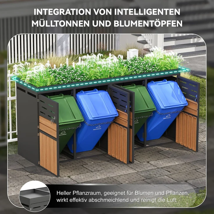 LVHOM Mülltonnenbox 4er mit Pflanzkasten, 4x240 L, Abschließbare Mülltonnenverkleidung aus Stahl für Garten, Anthrazit – Bild 5
