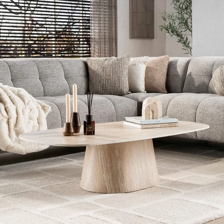 alesvelt Couchtisch CENTRO TRAVERTINO Dänisch-Ovaler Keramik-Couchtisch im Monolith-Design (1-Tisch), 135x70x35 cm Keramik, Travertin-Design – Bild 2