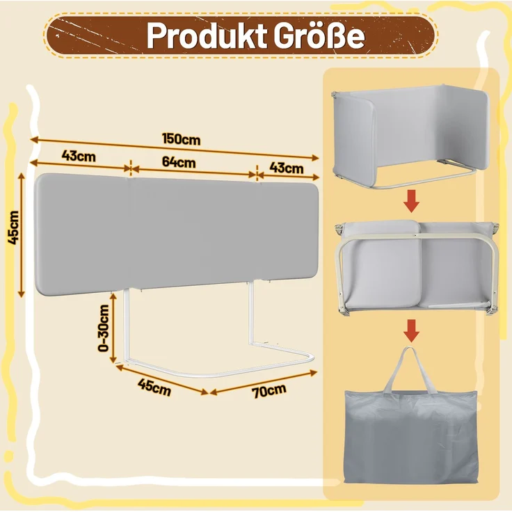 Eikuavons Klappbares Bettgitter 150 cm, Grau, höhenverstellbar 0-30 cm, für Matratzen 8-30 cm 2pcs, Kunststoff, Grau – Bild 2