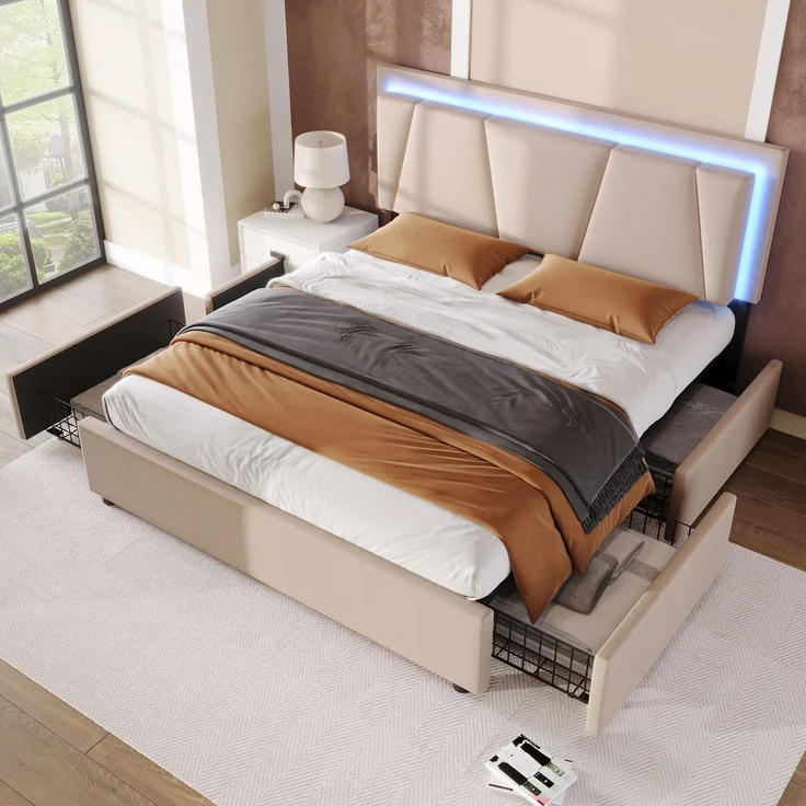 Polsterbett 140×200 cm mit höhenverstellbarem Kopfteil, LED-Beleuchtung, 4 Schubladen, Leinenstoff Beige,inklusive Matratze – Bild 5