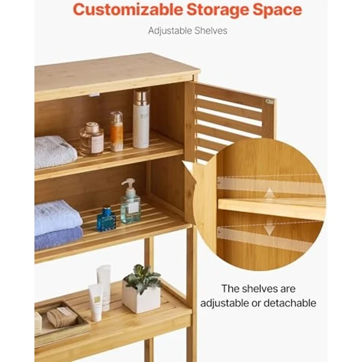 VEVOR Toilettenschrank Badezimmerschrank mit Doppeltür & verstellbarem Regal, platzsparender 3-stöckiger Badschrank über der Toilette mit offenem Regal, 65 x 27 x 175 cm Aufbewahrungsschrank Natur – Bild 4