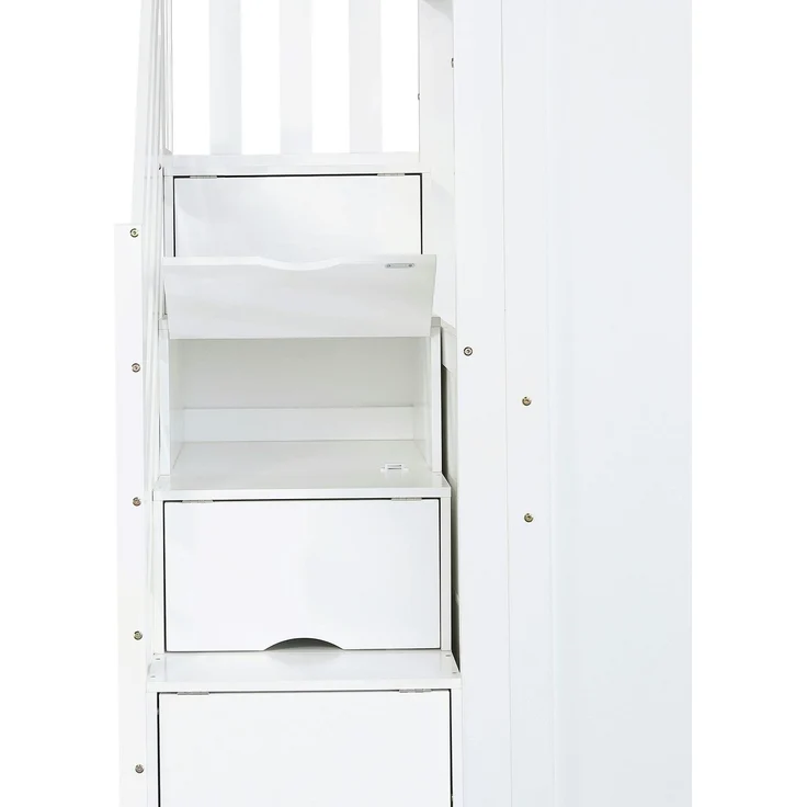 Hochbett mit Schreibtisch, Regal, Schubladen, Treppe, Schrank, Lattenrost und Rausfallschutz, 90x200 cm, Holzbett – Bild 10