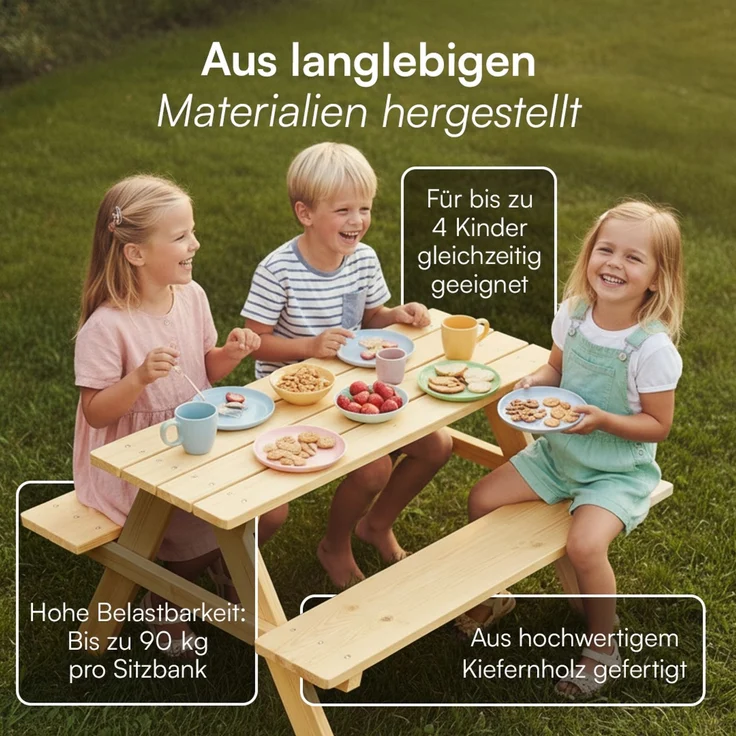 Bellabino 'Inny' Sitzgarnitur für Kinder, Kiefer massiv, natur unbehandelt, 50x83x89 cm, Kindersitzgarnitur für 4 Personen, ab 2 Jahren – Bild 3